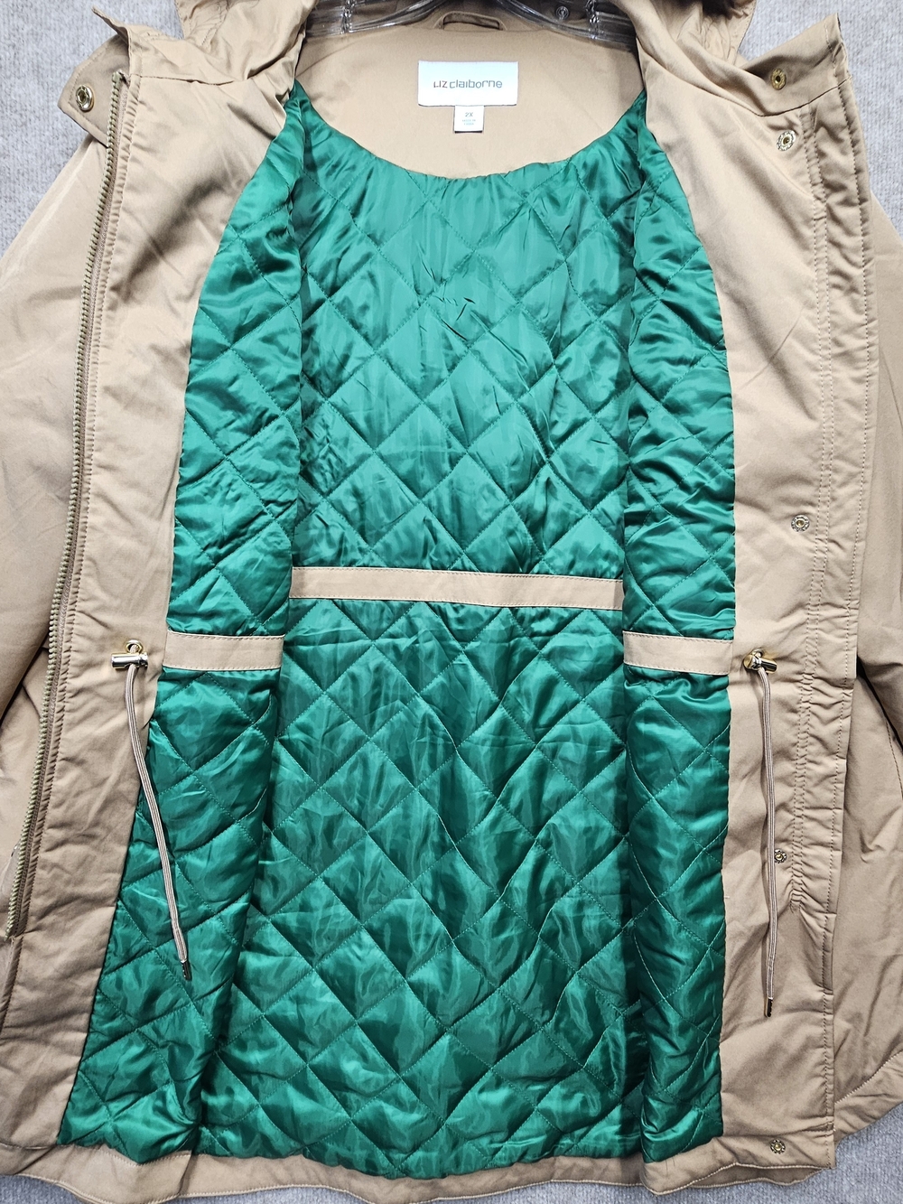 Liz Claiborne Hooded Rain Jacket Coat 2X NWT Quilted Green Lined Zip Snap - Picture 6 of 14